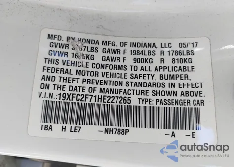 2017 Honda Civic Ex z USA, uszkodzony, nr VIN 19XFC2F71HE227265